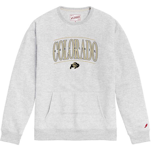 Ash grey crewneck sweatshirt with large arched “COLORADO” text, “Buffaloes” lettering across the middle, and CU Buffaloes logo beneath.